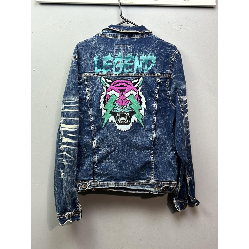 Black Pike Jacket Mens Medium Distressed Denim Trucker Embroidered Tiger‎ Legend